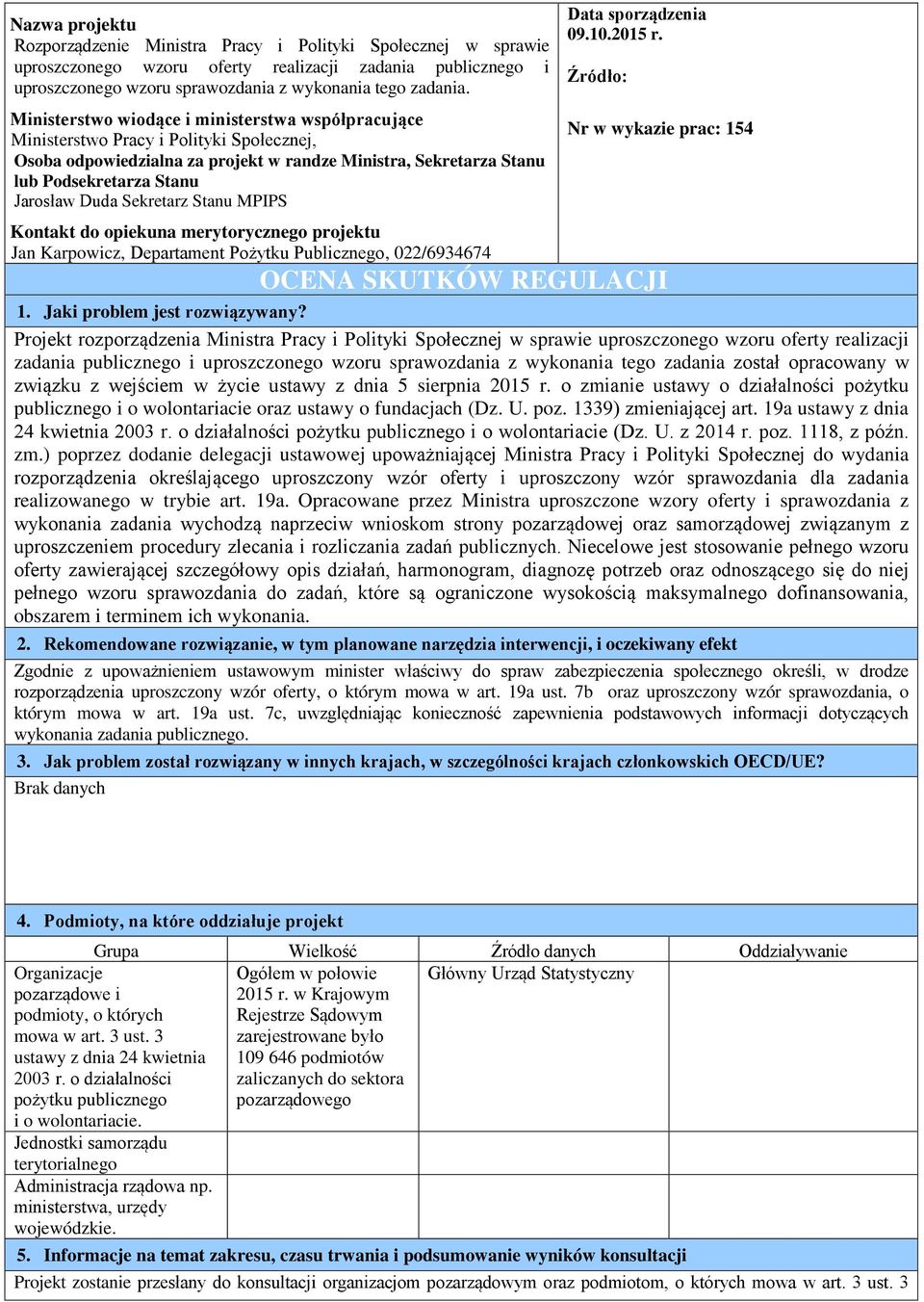 Sekretarz Stanu MPIPS Kontakt do opiekuna merytorycznego projektu Jan Karpowicz, Departament Pożytku Publicznego, 022/6934674 Data sporządzenia 09.10.2015 r.