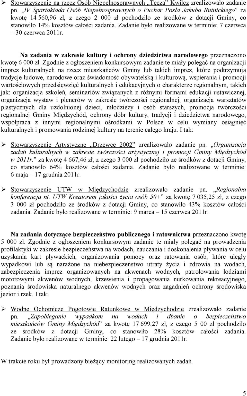 Zadanie było realizowane w terminie: 7 czerwca 30 czerwca 2011r. Na zadania w zakresie kultury i ochrony dziedzictwa narodowego przeznaczono kwotę 6 000 zł.