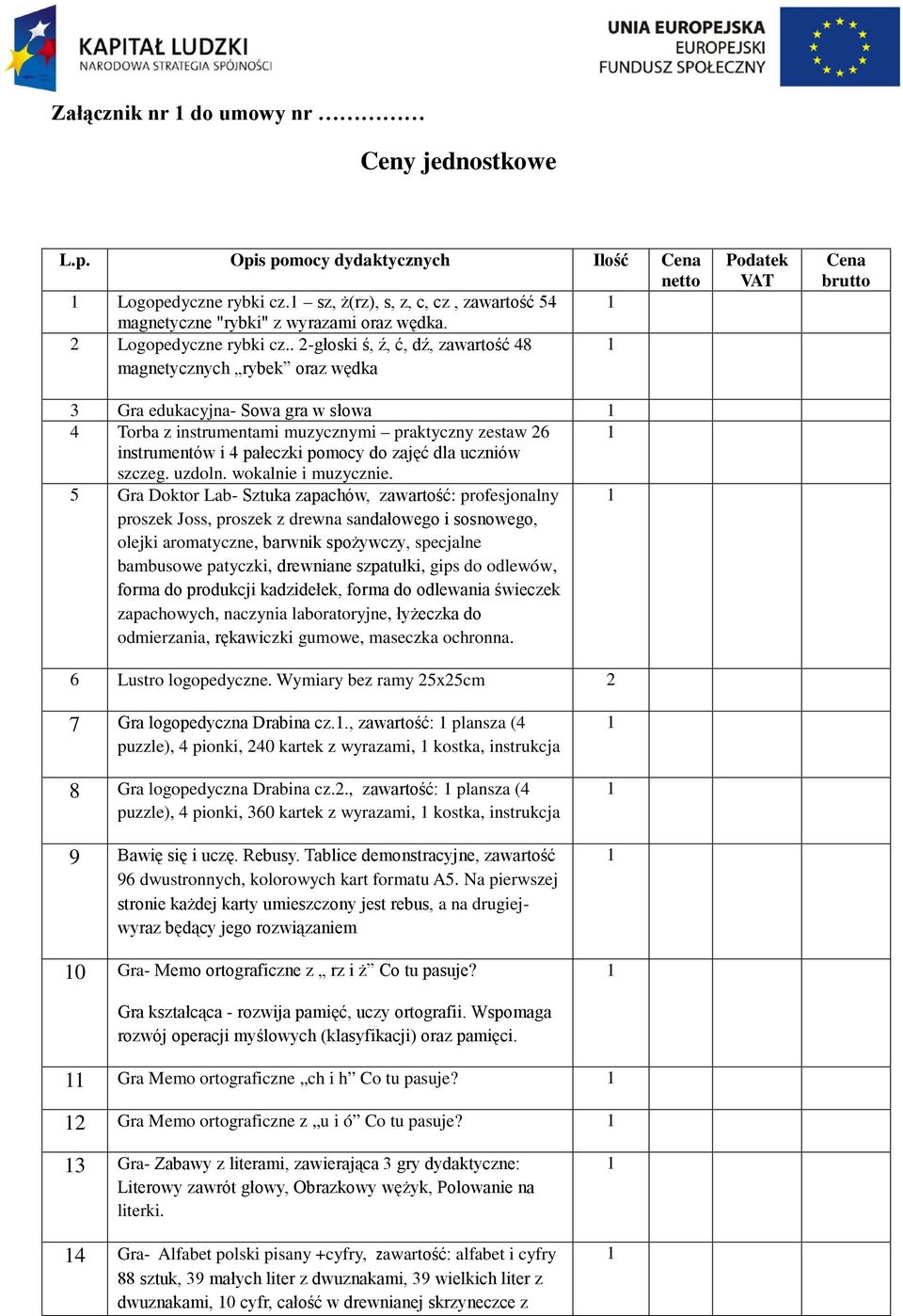 . 2-głoski ś, ź, ć, dź, zawartość 48 magnetycznych rybek oraz wędka 3 Gra edukacyjna- Sowa gra w słowa 4 Torba z instrumentami muzycznymi praktyczny zestaw 26 instrumentów i 4 pałeczki pomocy do