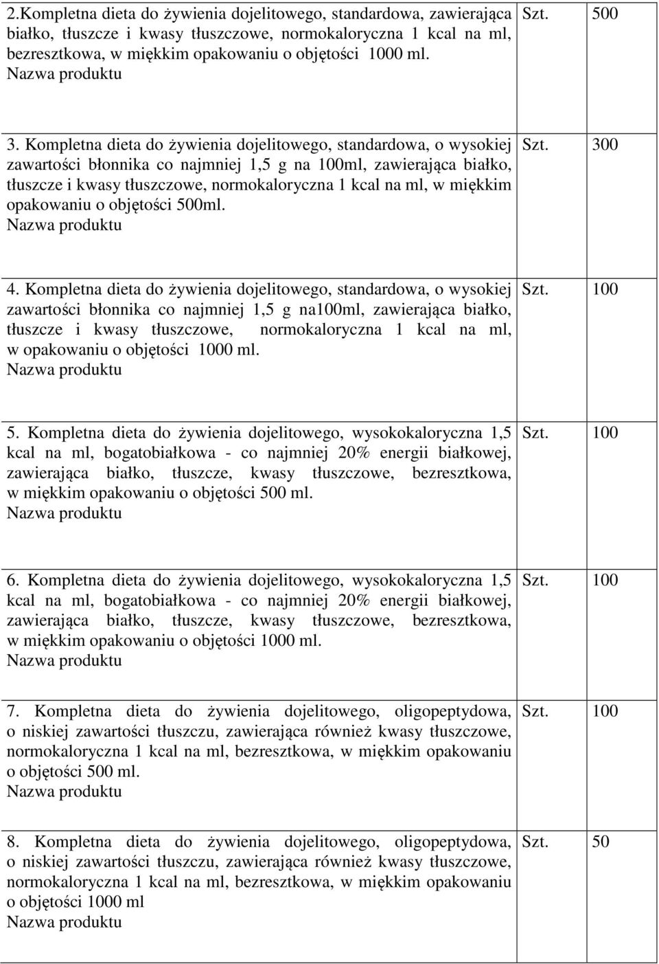 Kompletna dieta do żywienia dojelitowego, standardowa, o wysokiej zawartości błonnika co najmniej 1,5 g na 100ml, zawierająca białko, tłuszcze i kwasy tłuszczowe, normokaloryczna 1 kcal na ml, w
