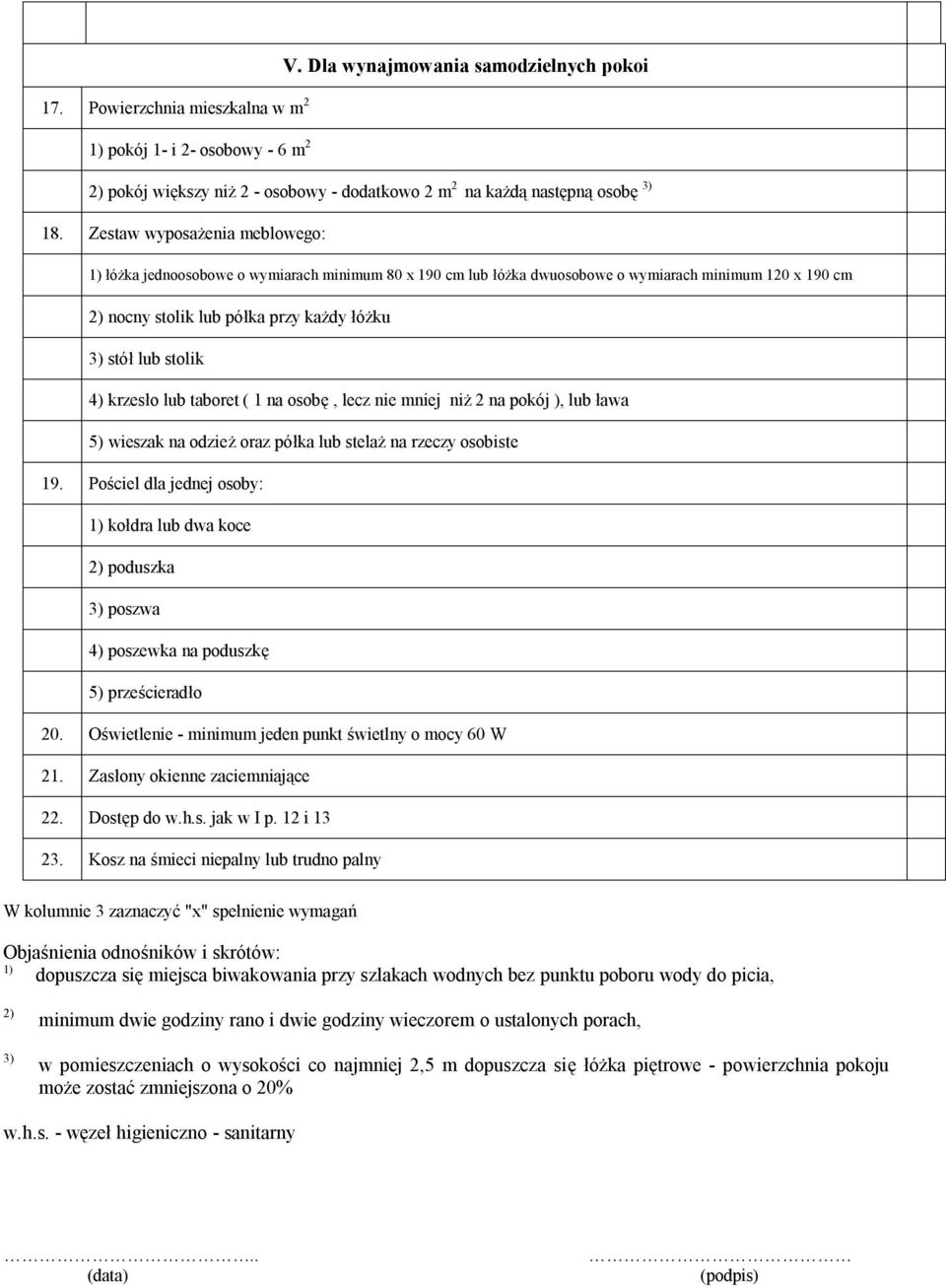 4) krzesło lub taboret ( 1 na osobę, lecz nie mniej niż 2 na pokój ), lub ława 5) wieszak na odzież oraz półka lub stelaż na rzeczy osobiste 19.