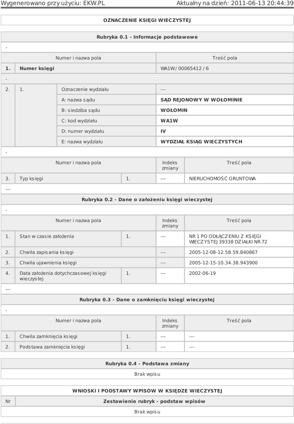 Oznaczenie wydziału A: nazwa s ądu SĄD REJONOWY W WOŁOMINIE B: s iedziba s ądu WOŁOMIN C: kod wydziału WA1W D: numer wydziału IV E: nazwa wydziału WYDZIAŁ KSIĄG WIECZYSTYCH Numer i nazwa pola Indeks