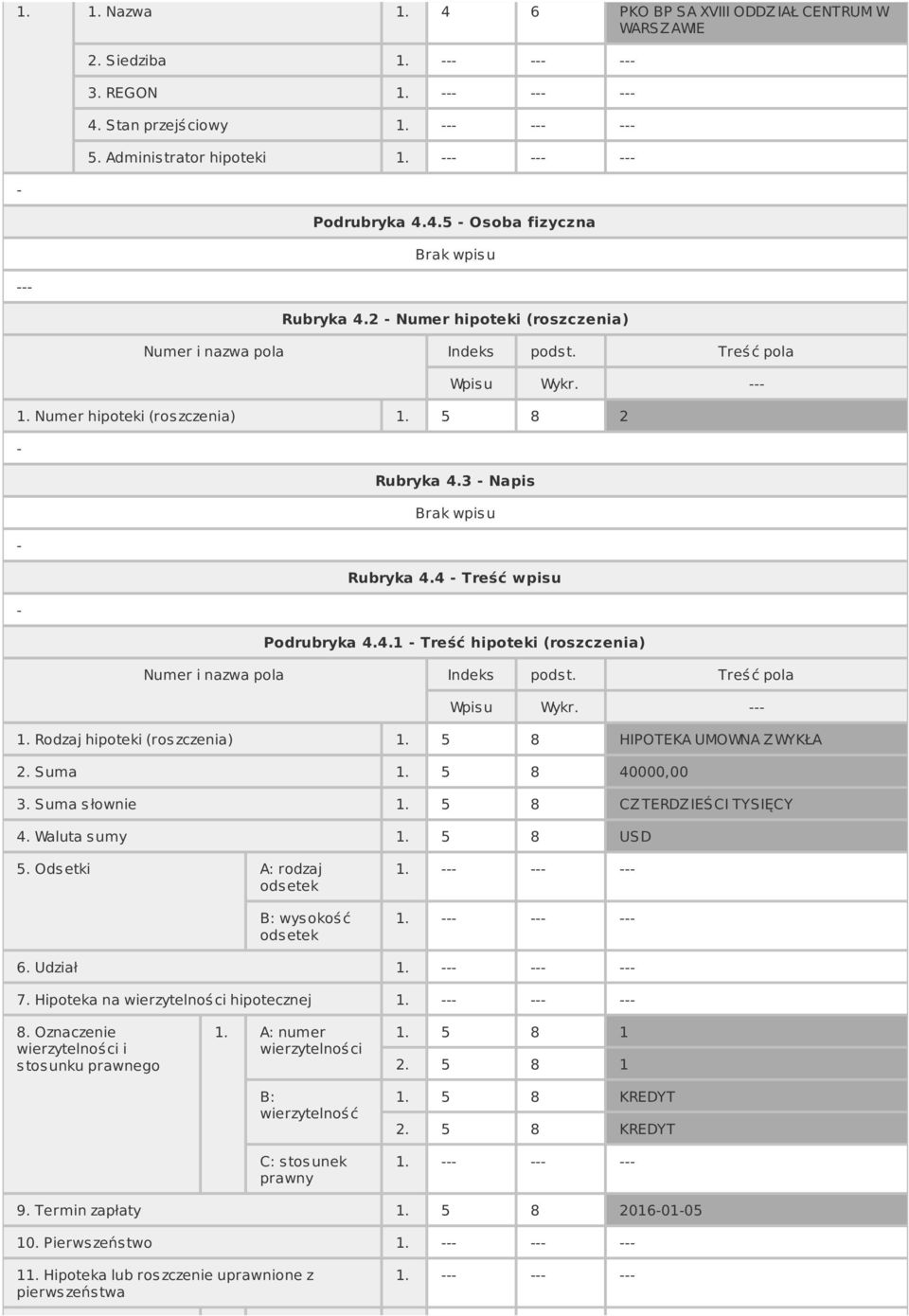 5 8 HIPOTEKA UMOWNA Z WYKŁA 2. Suma 1. 5 8 40000,00 3. Suma s łownie 1. 5 8 CZ TERDZ IEŚCI TYSIĘCY 4. Waluta s umy 1. 5 8 USD 5. Ods etki A: rodzaj B: wysokość 1. 1. 6. Udział 1. 7.