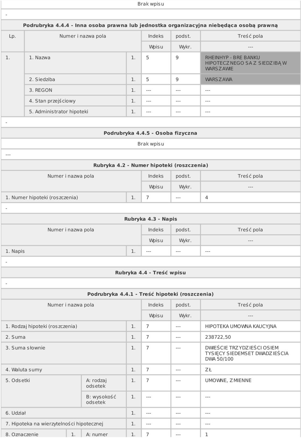 7 4 Rubryka 4.3 Napis Wpisu Wykr. 1. Napis 1. Rubryka 4.4 Treść wpisu Podrubryka 4.4.1 Treść hipoteki (roszczenia) Wpisu Wykr. 1. Rodzaj hipoteki (ros zczenia) 1. 7 HIPOTEKA UMOWNA KAUCYJNA 2. Suma 1.