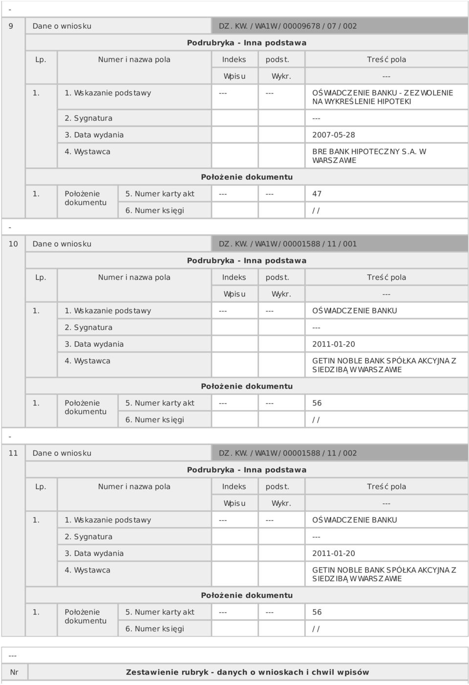 / WA1W / 00001588 / 11 / 001 Podrubryka Inna podstawa Wpisu Wykr. 1. 1. Ws kazanie pods tawy OŚWIADCZ ENIE BANKU 2. Sygnatura 3. Data wydania 20110120 4.