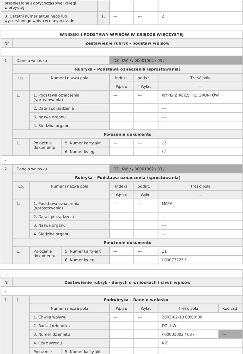 Data s porządzenia 3. Nazwa organu 4. Siedziba organu Położenie dokumentu 1. Położenie dokumentu 5. Numer karty akt 15 2 Dane o wniosku DZ. KW.