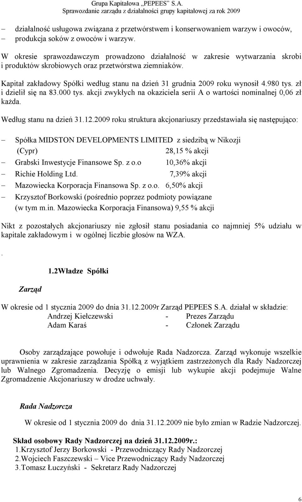 Kapitał zakładowy Spółki według stanu na dzień 31 grudnia 2009 roku wynosił 4.980 tys. zł i dzielił się na 83.000 tys. akcji zwykłych na okaziciela serii A o wartości nominalnej 0,06 zł każda.