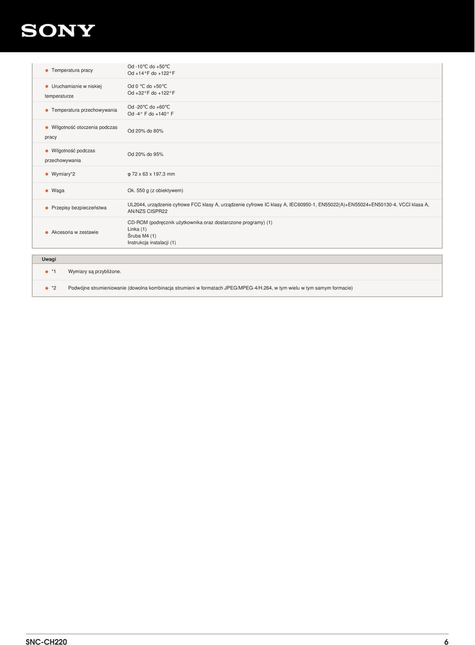 550 g (z obiektywem) Przepisy bezpieczeństwa UL2044, urządzenie cyfrowe FCC klasy A, urządzenie cyfrowe IC klasy A, IEC60950-1, EN55022(A)+EN55024+EN50130-4, VCCI klasa A, AN/NZS CISPR22 Akcesoria w