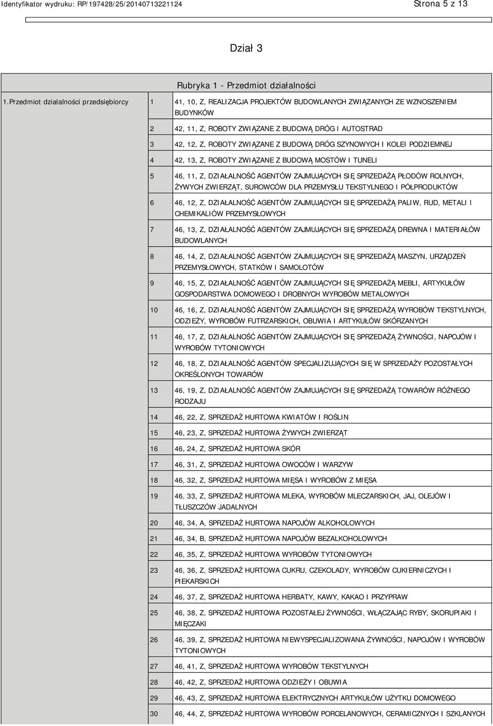 ZWIĄZANE Z BUDOWĄ DRÓG SZYNOWYCH I KOLEI PODZIEMNEJ 4 42, 13, Z, ROBOTY ZWIĄZANE Z BUDOWĄ MOSTÓW I TUNELI 5 46, 11, Z, DZIAŁALNOŚĆ AGENTÓW ZAJMUJĄCYCH SIĘ SPRZEDAŻĄ PŁODÓW ROLNYCH, ŻYWYCH ZWIERZĄT,