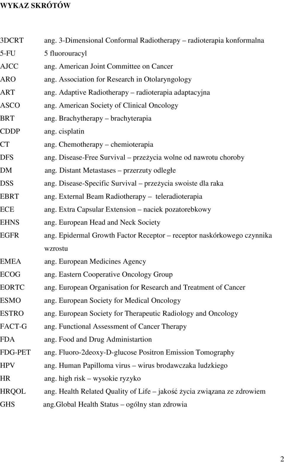 Adaptive Radiotherapy radioterapia adaptacyjna ang. American Society of Clinical Oncology ang. Brachytherapy brachyterapia ang. cisplatin ang. Chemotherapy chemioterapia ang.