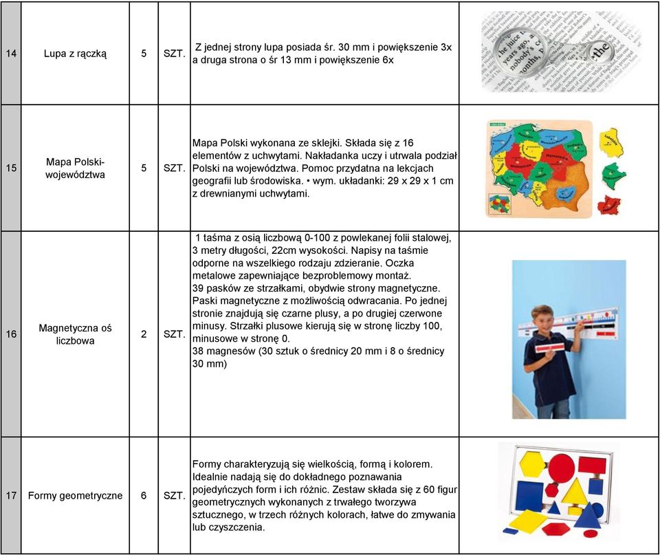 układanki: 29 x 29 x 1 cm z drewnianymi uchwytami. 16 Magnetyczna oś liczbowa 2 SZT. 1 taśma z osią liczbową 0-100 z powlekanej folii stalowej, 3 metry długości, 22cm wysokości.