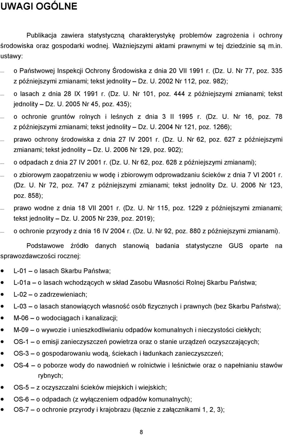 982); o lasach z dnia 28 IX 1991 r. (Dz. U. Nr 101, poz. 444 z późniejszymi zmianami; tekst jednolity Dz. U. 2005 Nr 45, poz. 435); o ochronie gruntów rolnych i leśnych z dnia 3 II 1995 r. (Dz. U. Nr 16, poz.