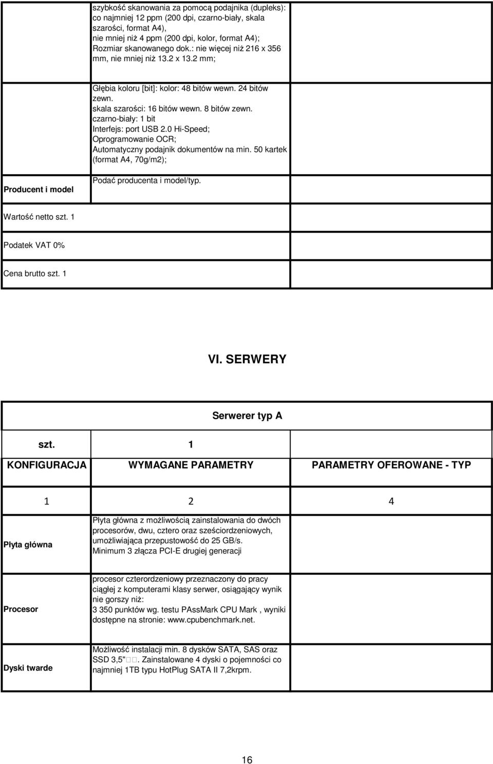 czarno-biały: 1 bit Interfejs: port USB 2.0 Hi-Speed; Oprogramowanie OCR; Automatyczny podajnik dokumentów na min. 50 kartek (format A4, 70g/m2); VI. SERWERY Serwerer typ A szt.