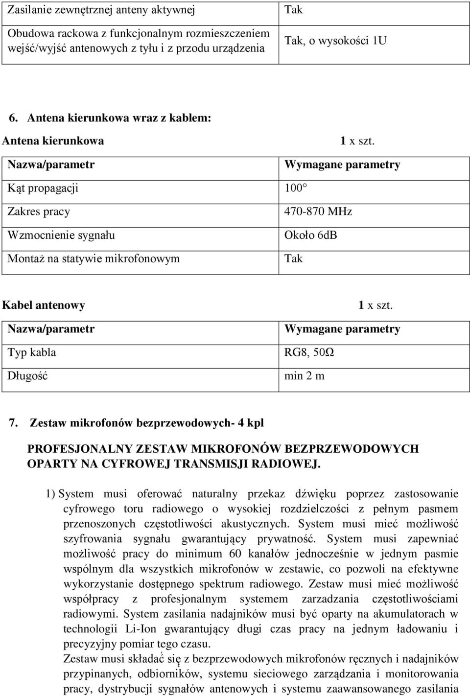 Kąt propagacji 100 Zakres pracy Wzmocnienie sygnału Montaż na statywie mikrofonowym 470-870 MHz Około 6dB Kabel antenowy Typ kabla Długość 1 x szt. RG8, 50Ω min 2 m 7.