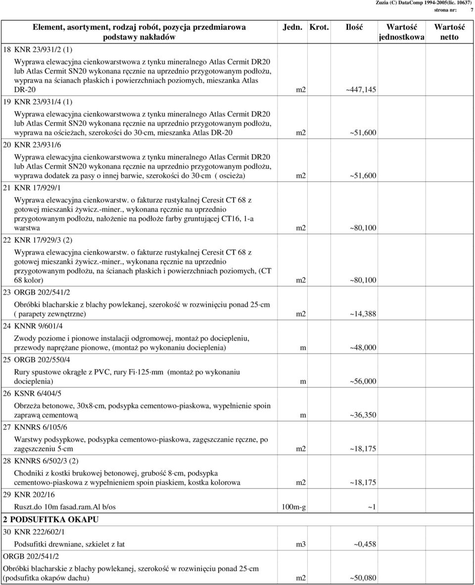 płaskich i powierzchniach poziomych, mieszanka Atlas DR-20 m2 ~447,145 19 KNR 23/931/4 (1) Wyprawa elewacyjna cienkowarstwowa z tynku mineralnego Atlas Cermit DR20 lub Atlas Cermit SN20 wykonana