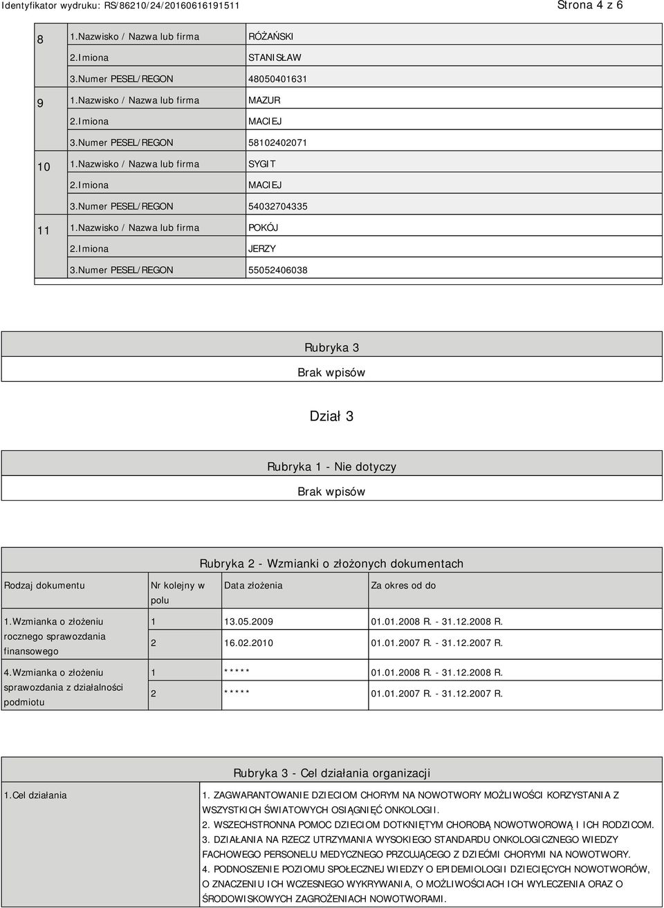 Numer PESEL/REGON 55052406038 Rubryka 3 Dział 3 Rubryka 1 - Nie dotyczy Rubryka 2 - Wzmianki o złożonych dokumentach Rodzaj dokumentu Nr kolejny w polu Data złożenia Za okres od do 1.