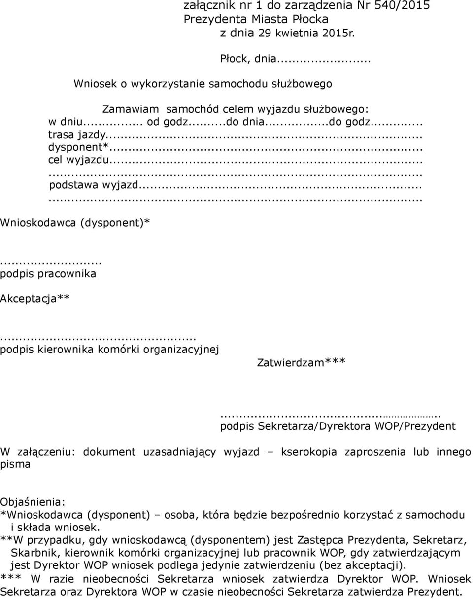 .... podpis Sekretarza/Dyrektora WOP/Prezydent W załączeniu: dokument uzasadniający wyjazd kserokopia zaproszenia lub innego pisma Objaśnienia: *Wnioskodawca (dysponent) osoba, która będzie