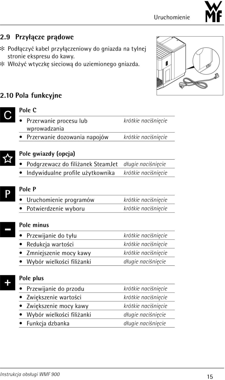 10 Pola funkcyjne Pole C Przerwanie procesu lub wprowadzania Przerwanie dozowania napojów Pole gwiazdy (opcja) Podgrzewacz do filiżanek SteamJet Indywidualne profile użytkownika Pole P Uruchomienie