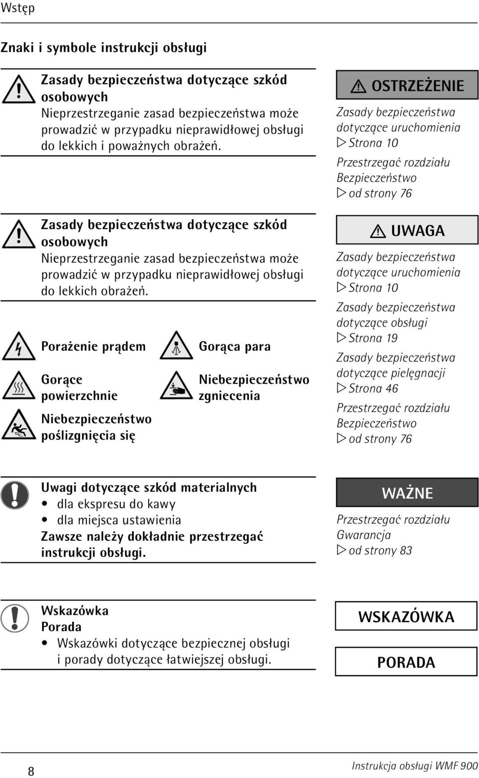 Porażenie prądem Gorące powierzchnie Niebezpieczeństwo poślizgnięcia się Gorąca para Niebezpieczeństwo zgniecenia OSTRZEżenIE Zasady bezpieczeństwa dotyczące uruchomienia w Strona 10 Przestrzegać