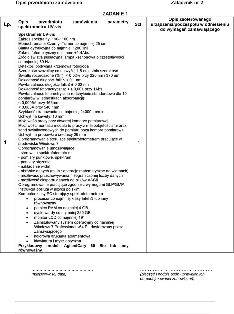 1200 linii Zakres fotometryczny minimum +/- 4Abs Źródło światła pulsacyjna lampa ksenonowa o częstotliwości co najmniej 80 Hz Detektor: podwójna krzemowa fotodioda Szerokość szczeliny co najwyżej 1,5