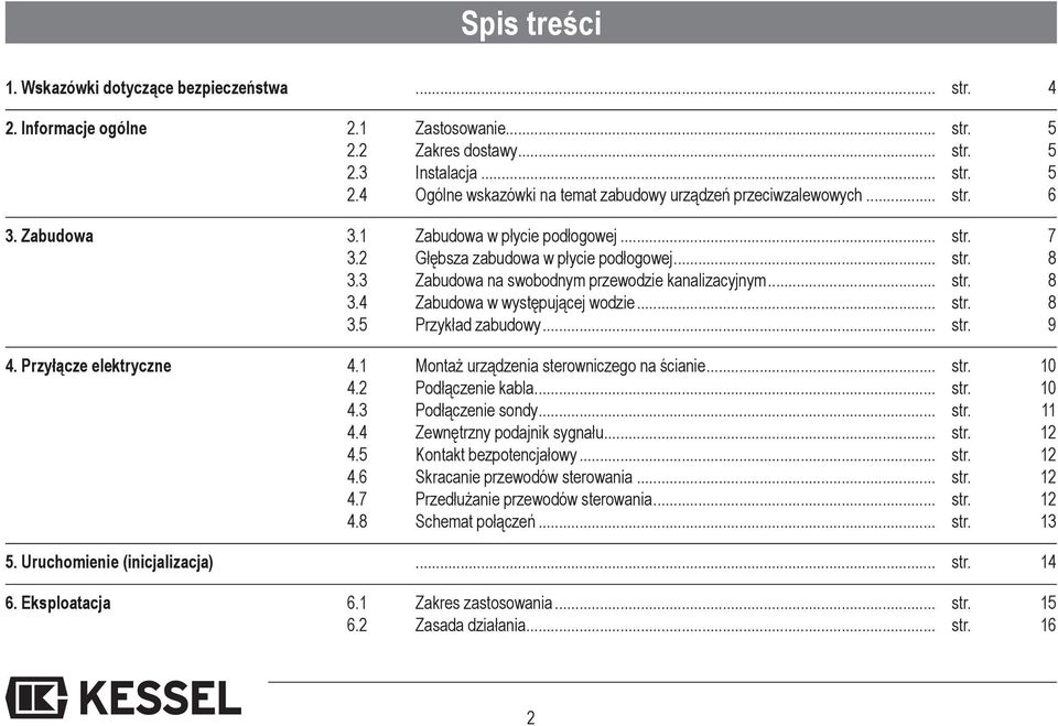 .. str. 8 3.5 Przykład zabudowy... str. 9 4. Przyłącze elektryczne 4.1 Montaż urządzenia sterowniczego na ścianie... str. 10 4.2 Podłączenie kabla... str. 10 4.3 Podłączenie sondy... str. 11 4.