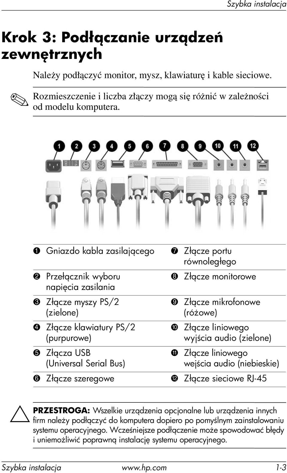 8 Zł cze monitorowe 9 Zł cze mikrofonowe (ró owe) - Zł cze liniowego wyj cia audio (zielone) q Zł cze liniowego wej cia audio (niebieskie) 6 Zł cze szeregowe w Zł cze sieciowe RJ-45 ÄPRZESTROGA: