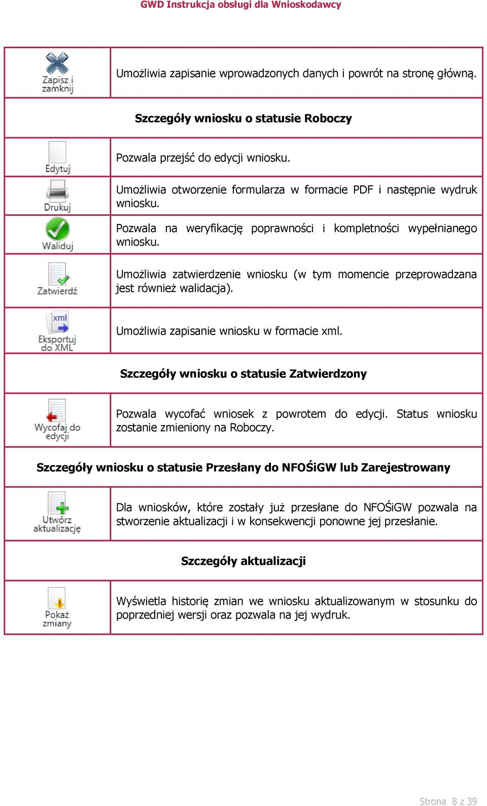 Umożliwia zatwierdzenie wniosku (w tym momencie przeprowadzana jest również walidacja). Umożliwia zapisanie wniosku w formacie xml.