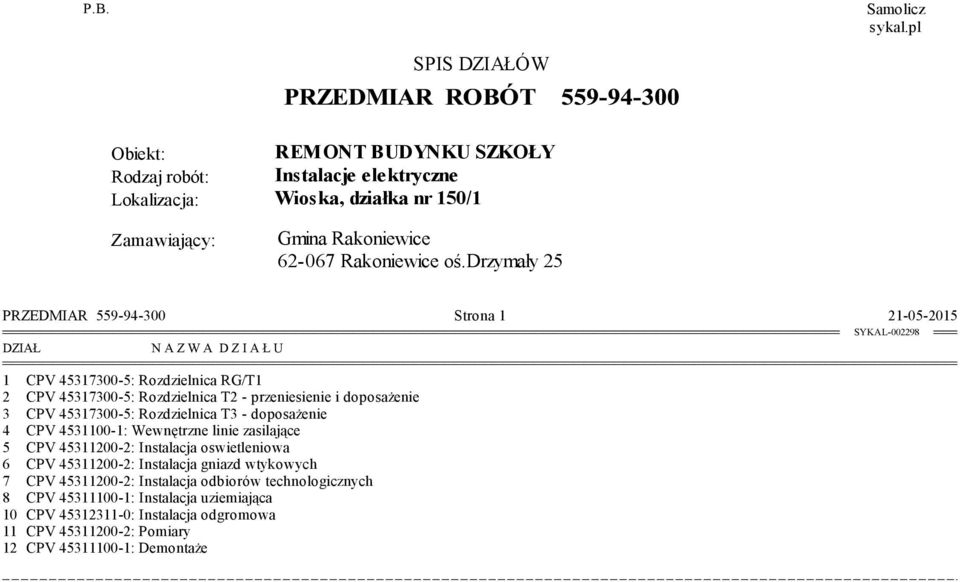 drzymały 25 PRZEDMIAR 559-94-300 Strona 1 21-05-2015 DZIAŁ N A Z W A D Z I A Ł U 1 CPV 45317300-5: Rozdzielnica RG/T1 2 CPV 45317300-5: Rozdzielnica T2 - przeniesienie i doposażenie 3 CPV