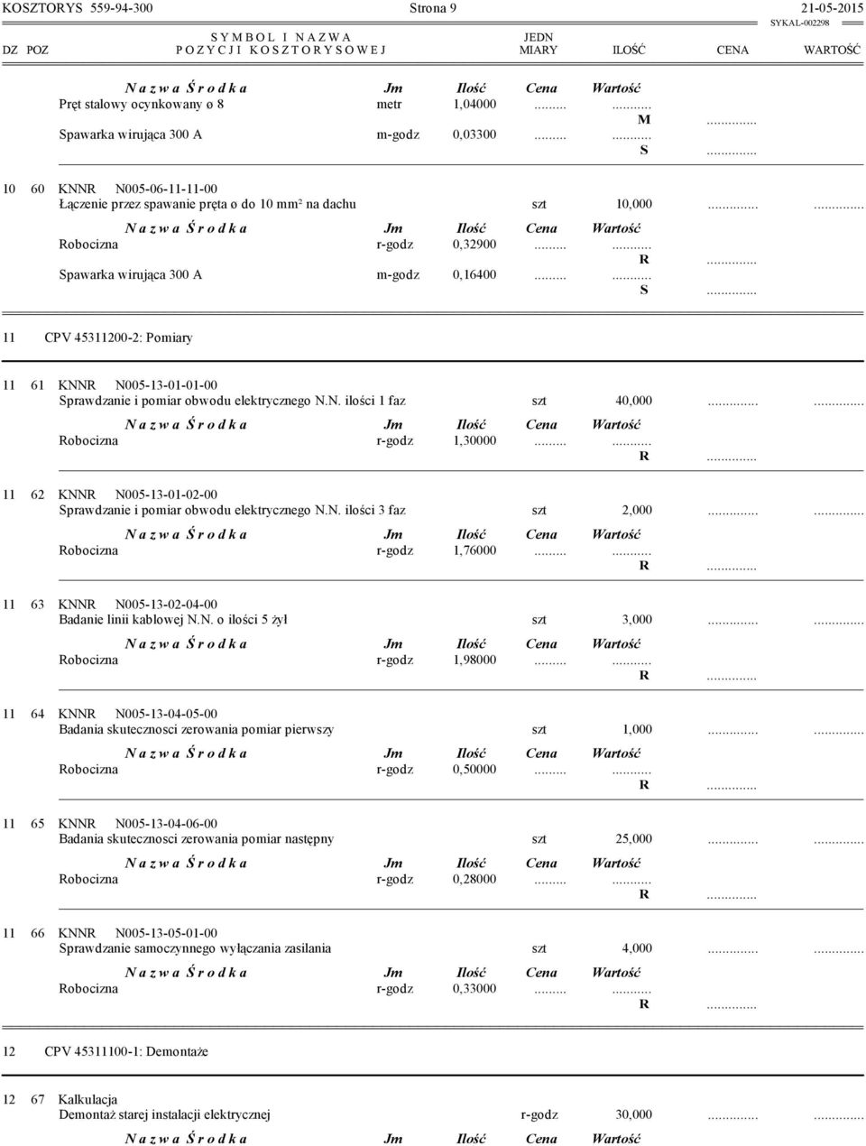 ..... Robocizna r-godz 1,30000...... 11 62 KNNR N005-13-01-02-00 Sprawdzanie i pomiar obwodu elektrycznego N.N. ilości 3 faz szt 2,000...... Robocizna r-godz 1,76000.