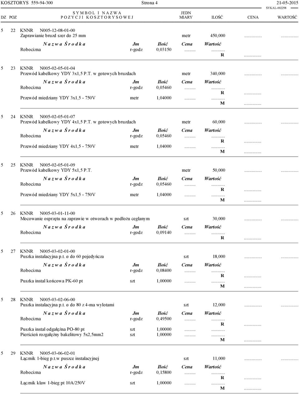 ..... 5 24 KNNR N005-02-05-01-07 Przewód kabelkowy YDY 4x1,5 P.T. w gotowych bruzdach metr 60,000...... Przewód miedziany YDY 4x1,5-750V metr 1,04000.