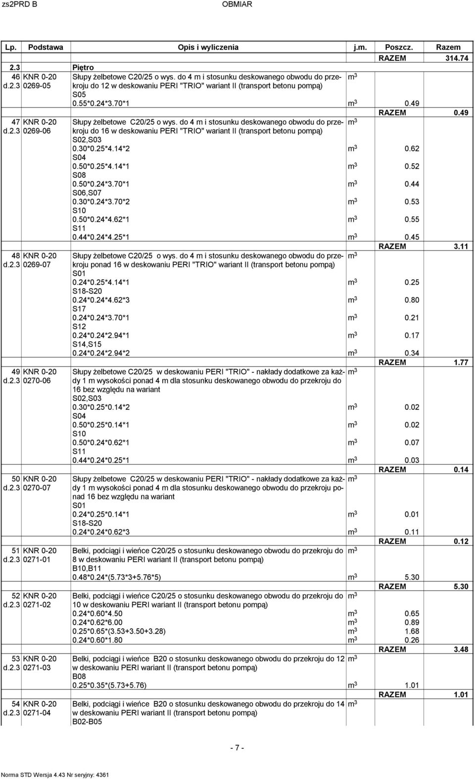 do 4 m i stosunku deskowanego obwodu do przekroju m 3 do w deskowaniu PERI "TRIO" wariant II (transport betonu pompą) S05 0.55*0.4*3.70* m 3 0.49 RAZEM 0.49 Słupy żelbetowe C0/5 o wys.