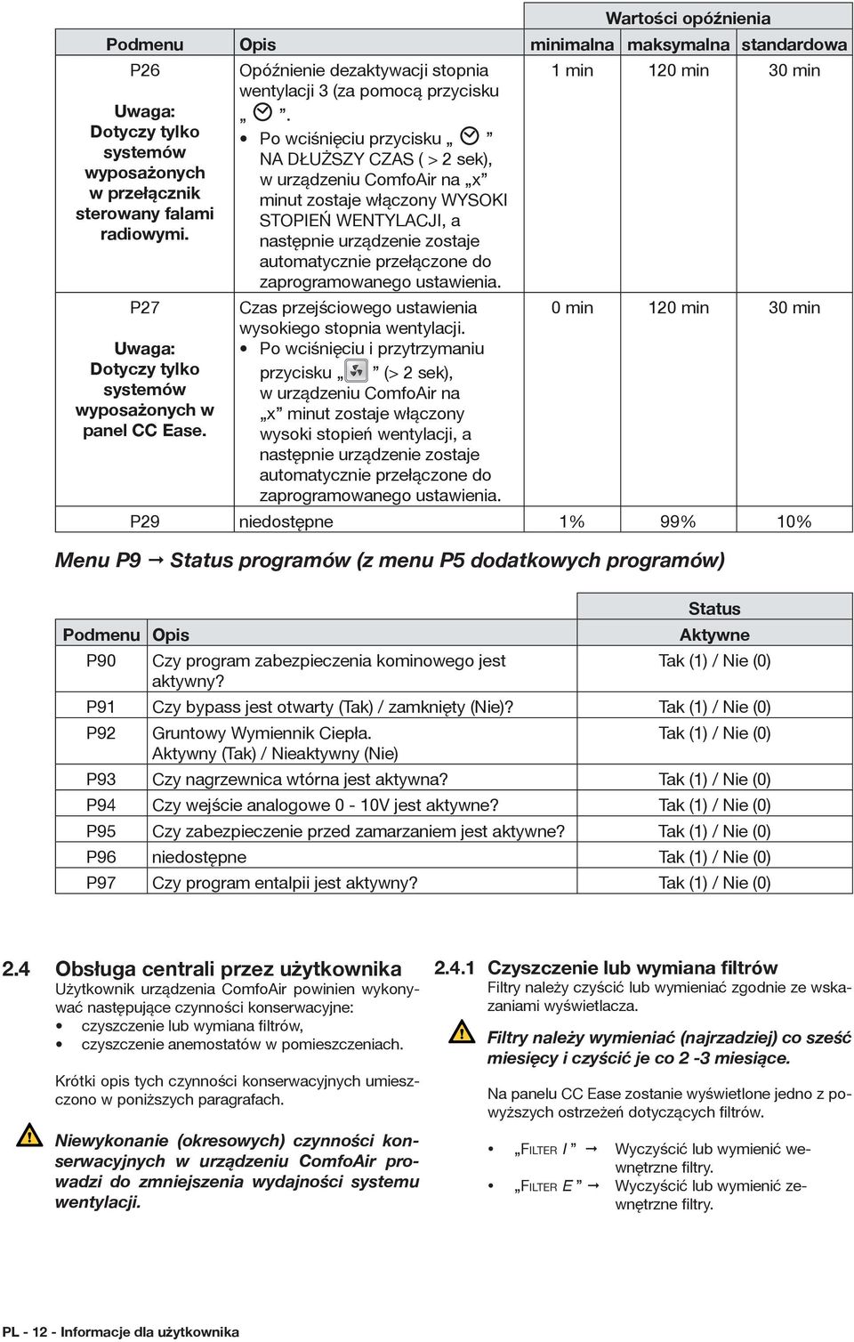 radiowymi. następnie urządzenie zostaje automatycznie przełączone do zaprogramowanego ustawienia. P27 Uwaga: Dotyczy tylko systemów wyposażonych w panel CC Ease.