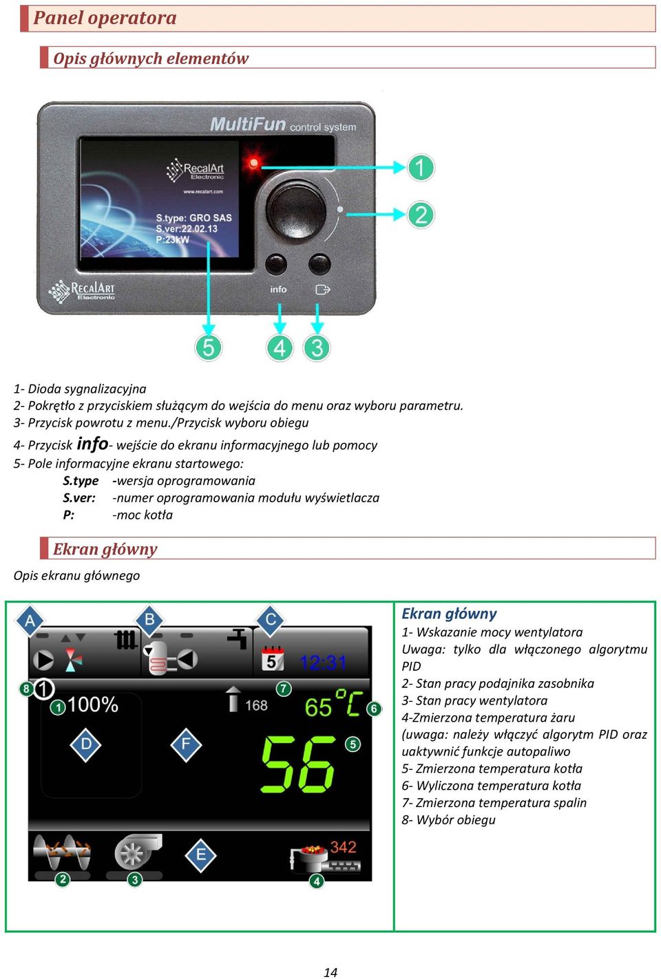 ver: -numer oprogramowania modułu wyświetlacza P: -moc kotła Ekran główny Opis ekranu głównego Ekran główny 1- Wskazanie mocy wentylatora Uwaga: tylko dla włączonego algorytmu PID 2- Stan pracy