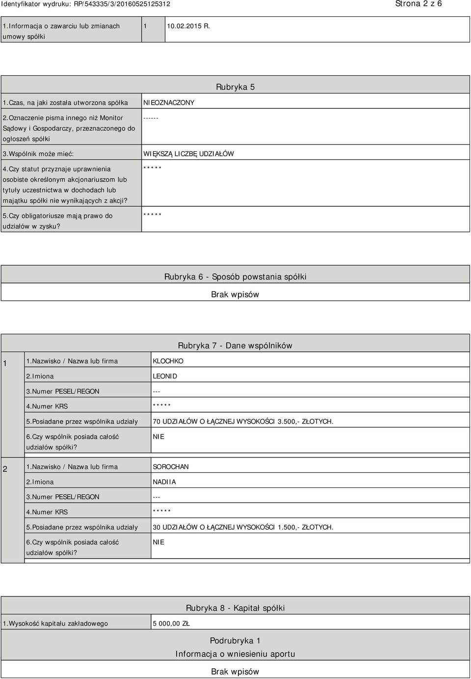 Czy statut przyznaje uprawnienia osobiste określonym akcjonariuszom lub tytuły uczestnictwa w dochodach lub majątku spółki nie wynikających z akcji? 5.