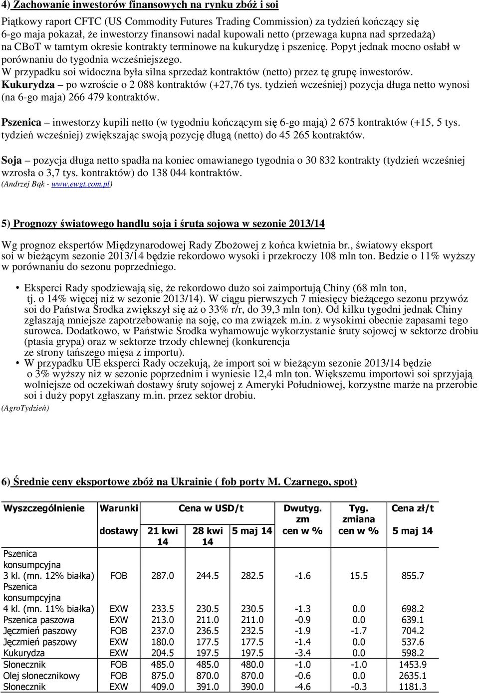 W przypadku soi widoczna była silna sprzedaŝ kontraktów (netto) przez tę grupę inwestorów. Kukurydza po wzroście o 2 088 kontraktów (+27,76 tys.