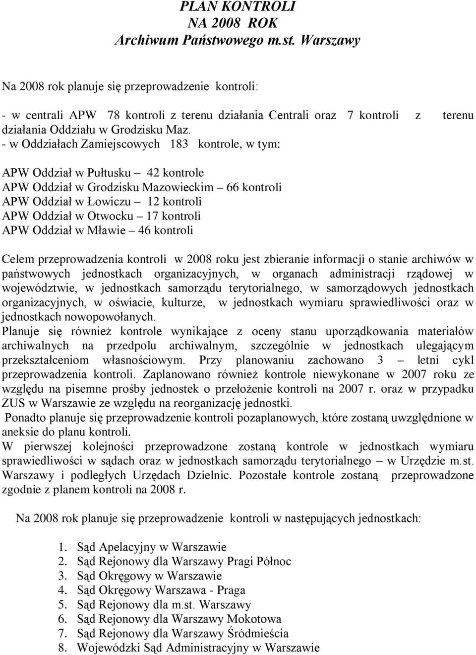 - w Oddziałach Zamiejscowych 183 kontrole, w tym: APW Oddział w Pułtusku 42 kontrole APW Oddział w Grodzisku Mazowieckim 66 kontroli APW Oddział w Łowiczu 12 kontroli APW Oddział w Otwocku 17