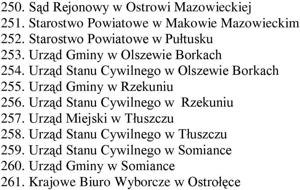 Urząd Stanu Cywilnego w Olszewie Borkach 255. Urząd Gminy w Rzekuniu 256. Urząd Stanu Cywilnego w Rzekuniu 257.