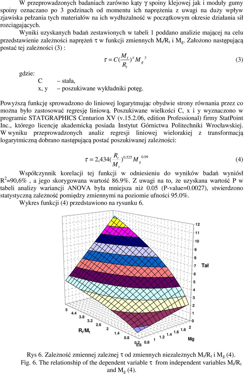 Wyniki uzyskanych badań zestawionych w tabeli 1 poddano analizie mającej na celu przedstawienie zależności naprężeń τ w funkcji zmiennych M t /R t i M g.