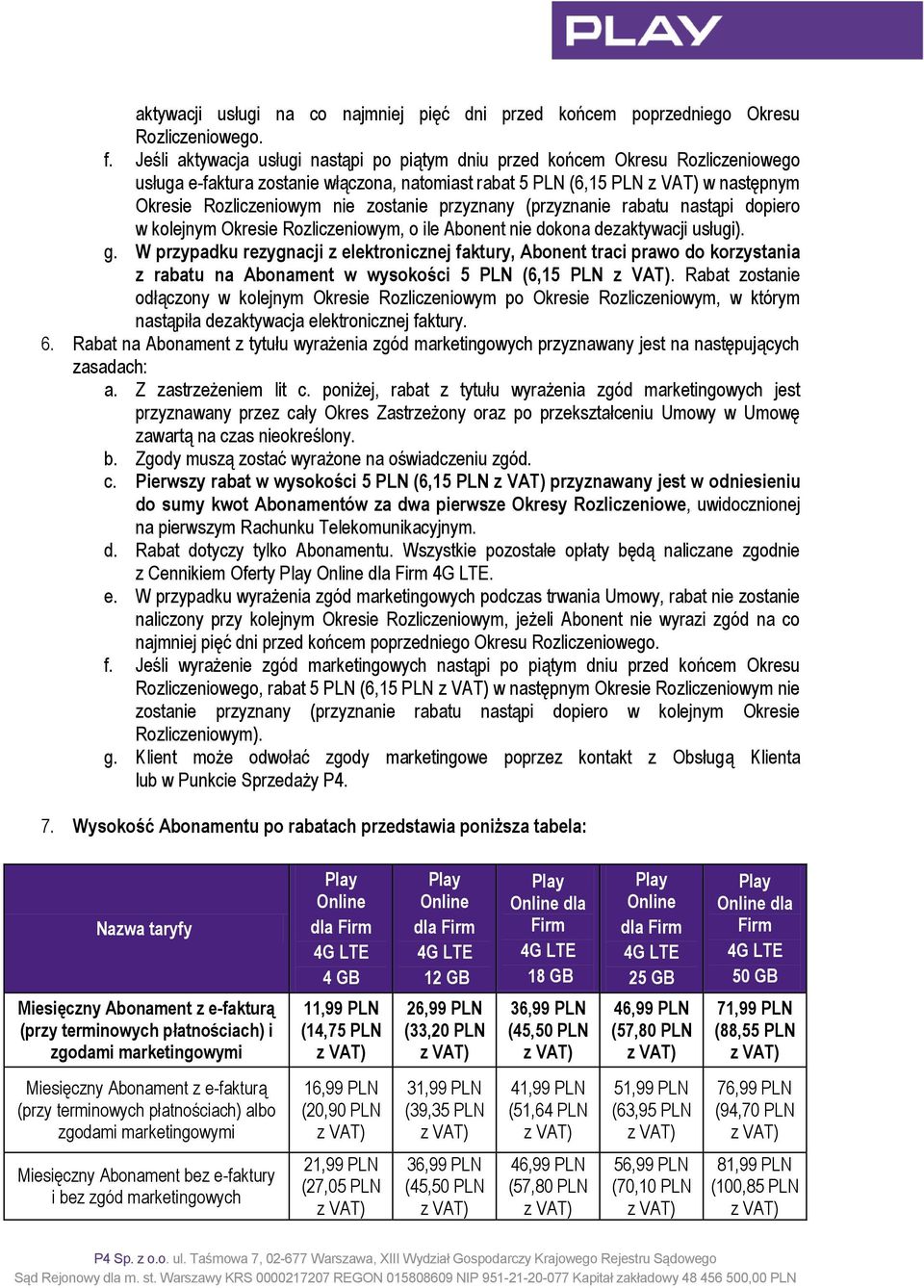 przyznany (przyznanie rabatu nastąpi dopiero w kolejnym Okresie Rozliczeniowym, o ile Abonent nie dokona dezaktywacji usługi). g.