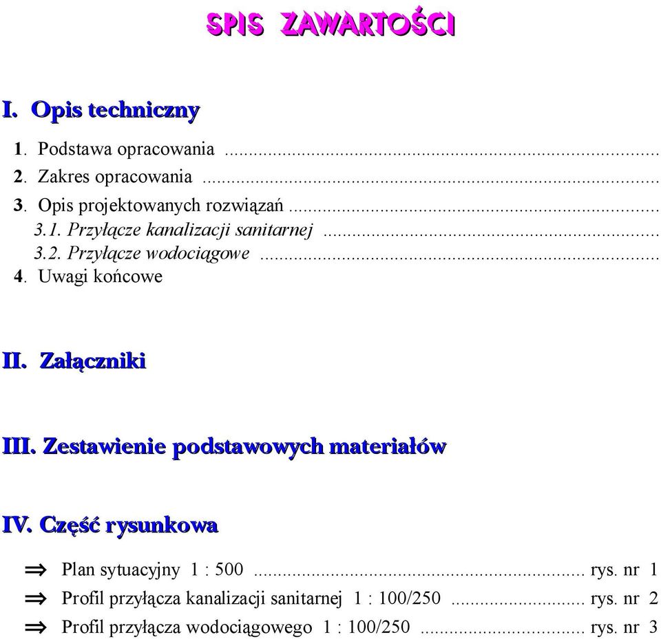 Uwagi końcowe II. Załączniki III. Zestawienie podstawowych materiałów IV.