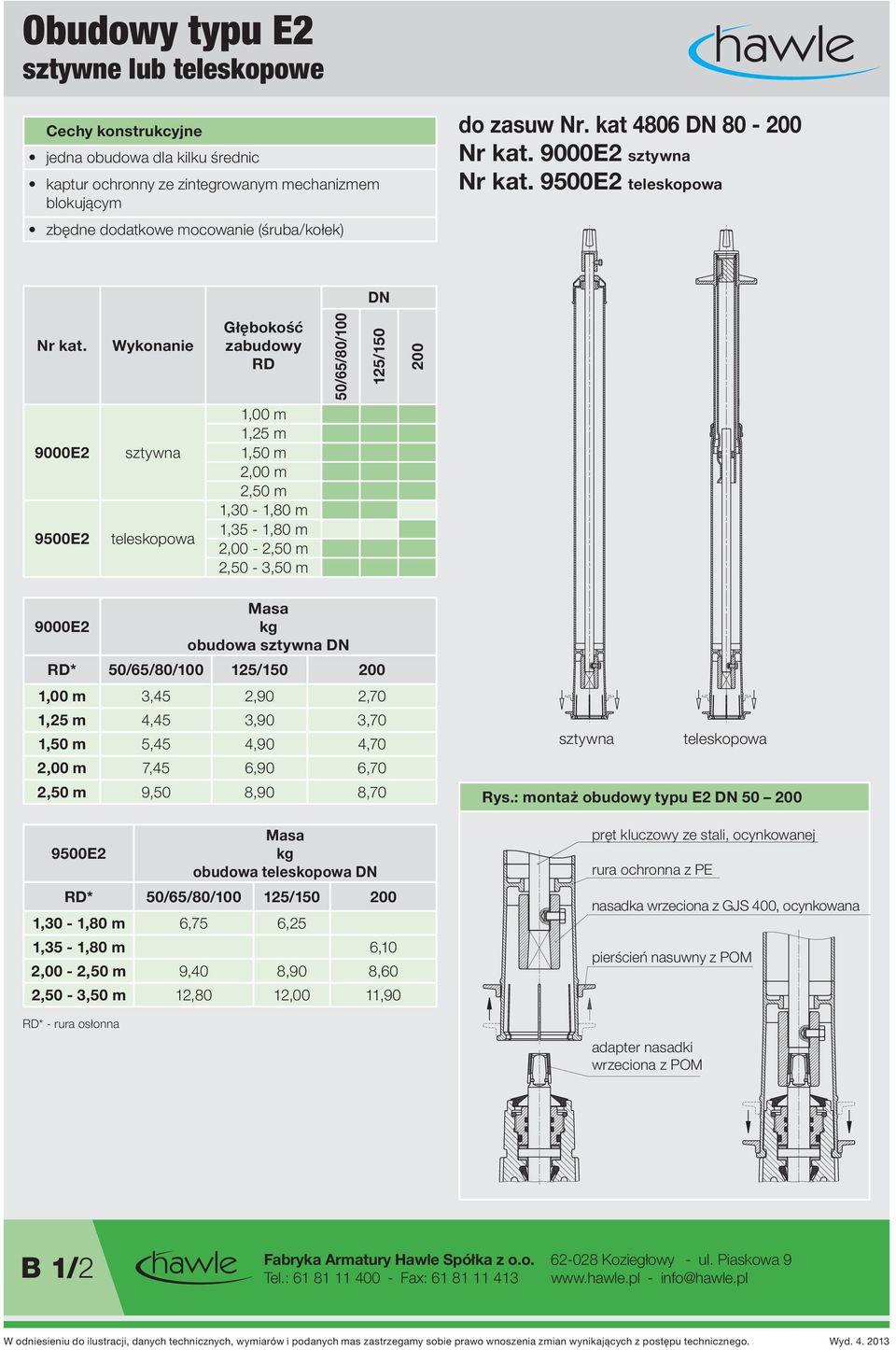 Wykonanie Głębokość zabudowy RD 50/65/80/100 125/150 200 9000E2 9500E2 sztywna teleskopowa 1,00 m 1,25 m 1,50 m 2,00 m 2,50 m 1,30-1,80 m 1,35-1,80 m 2,00-2,50 m 2,50-3,50 m 9000E2 obudowa sztywna DN