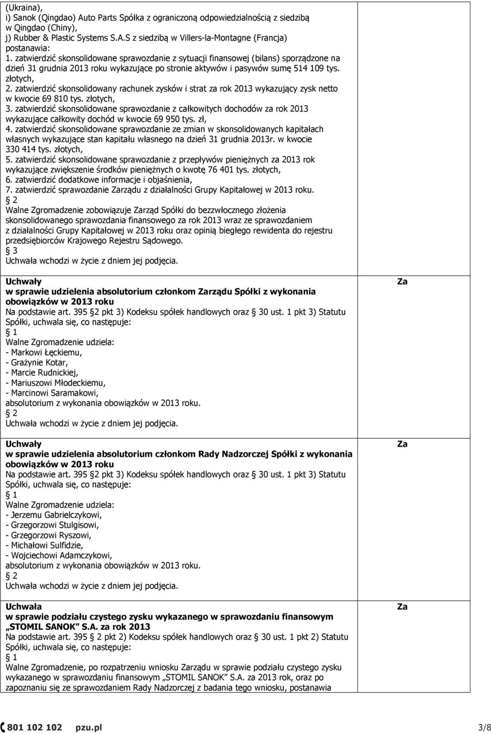 zatwierdzić skonsolidowany rachunek zysków i strat za rok 2013 wykazujący zysk netto w kwocie 69 810 tys. złotych, 3.