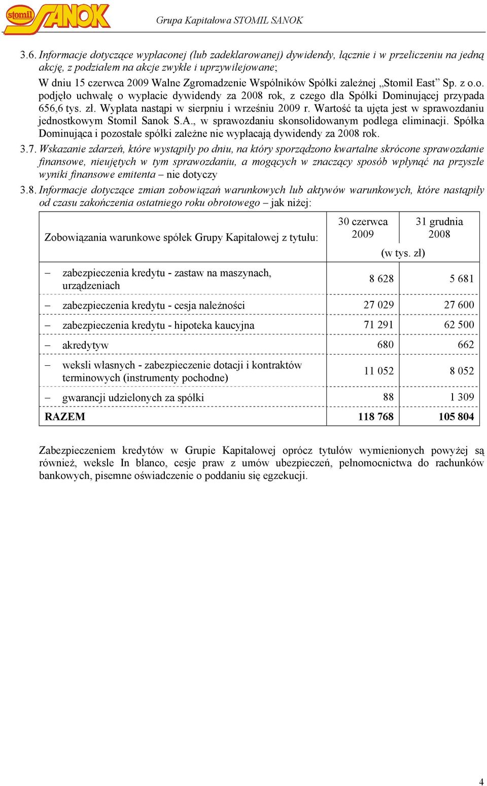 Wspólników Spółki zależnej Stomil East Sp. z o.o. podjęło uchwałę o wypłacie dywidendy za 2008 rok, z czego dla Spółki Dominującej przypada 656,6 tys. zł. Wypłata nastąpi w sierpniu i wrześniu 2009 r.