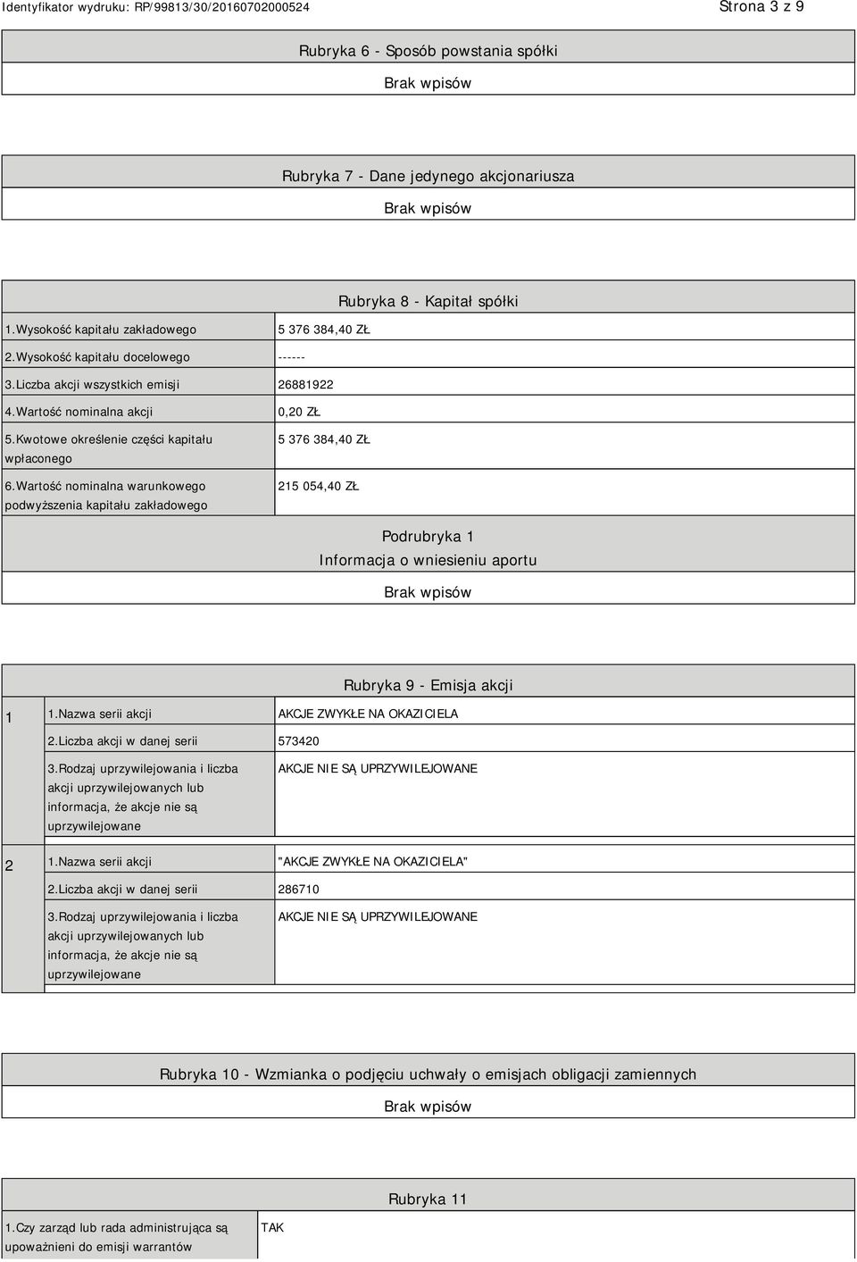 Wartość nominalna warunkowego podwyższenia kapitału zakładowego 0,20 ZŁ 5 376 384,40 ZŁ 215 054,40 ZŁ Podrubryka 1 Informacja o wniesieniu aportu Rubryka 9 - Emisja akcji 1 1.