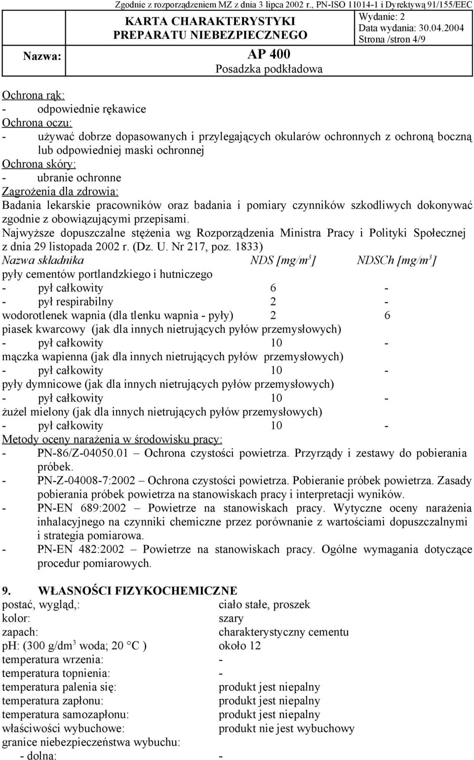 Najwyższe dopuszczalne stężenia wg Rozporządzenia Ministra Pracy i Polityki Społecznej z dnia 29 listopada 2002 r. (Dz. U. Nr 217, poz.