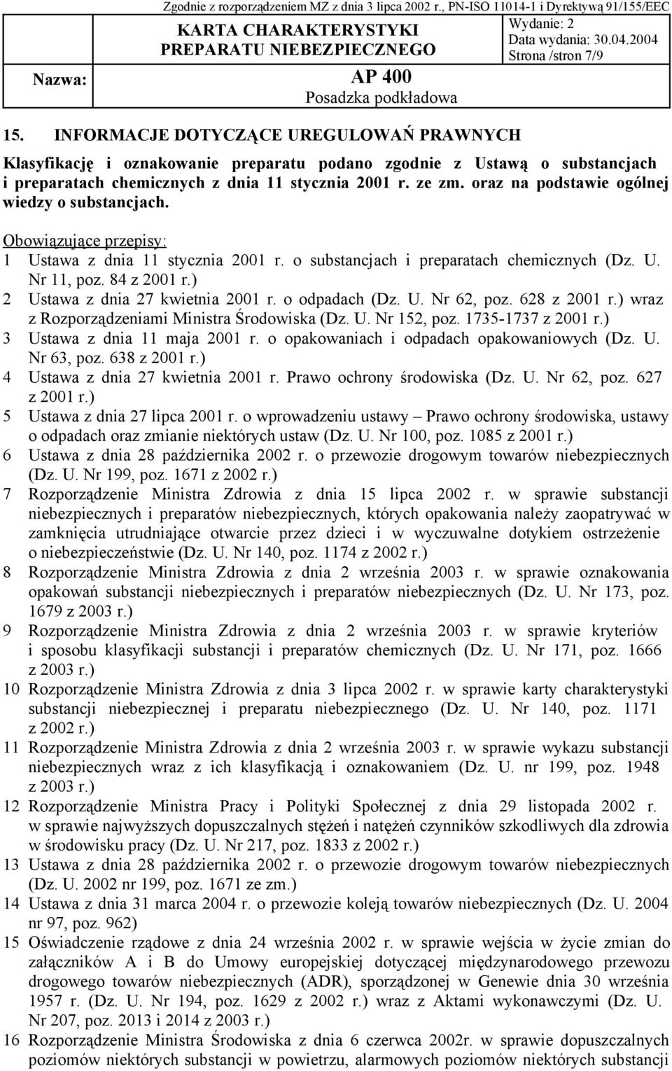 ) 2 Ustawa z dnia 27 kwietnia 2001 r. o odpadach (Dz. U. Nr 62, poz. 628 z 2001 r.) wraz z Rozporządzeniami Ministra Środowiska (Dz. U. Nr 152, poz. 1735-1737 z 2001 r.