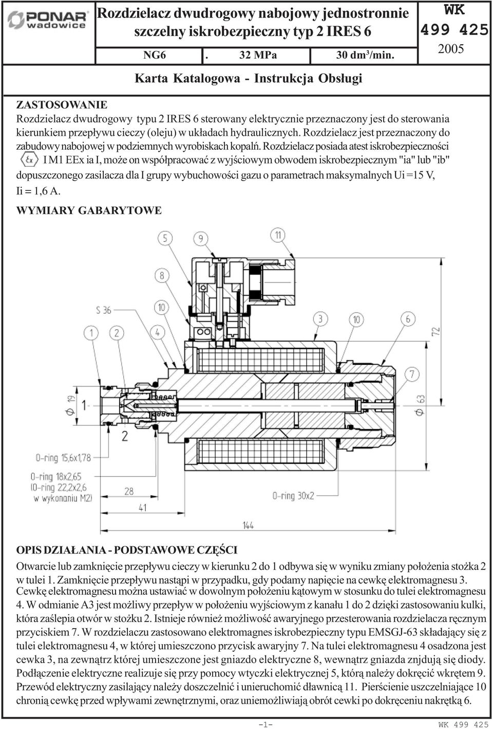 uk³adach hydraulicznych. Rozdzielacz jest przeznaczony do zabudowy nabojowej w podziemnych wyrobiskach kopalñ.