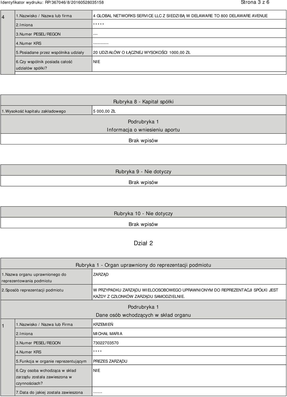 Wysokość kapitału zakładowego 5 000,00 ZŁ Podrubryka 1 Informacja o wniesieniu aportu Rubryka 9 - Nie dotyczy Rubryka 10 - Nie dotyczy Dział 2 Rubryka 1 - Organ uprawniony do reprezentacji podmiotu 1.