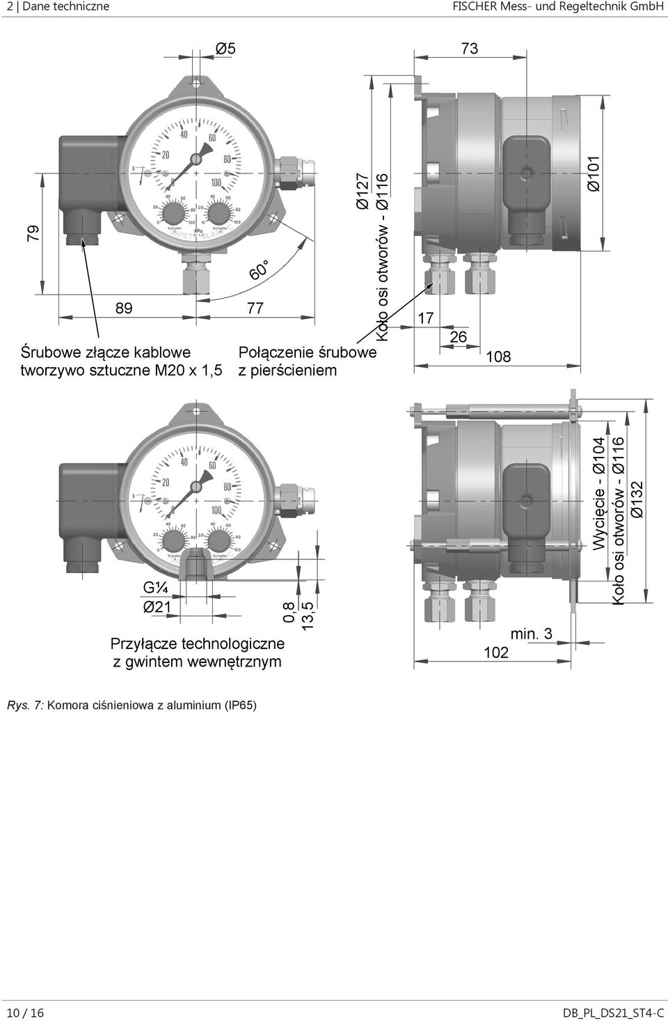 26 108 Ø101 G¼ Ø21 Przyłącze technologiczne z gwintem wewnętrznym 0,8 13,5 min.