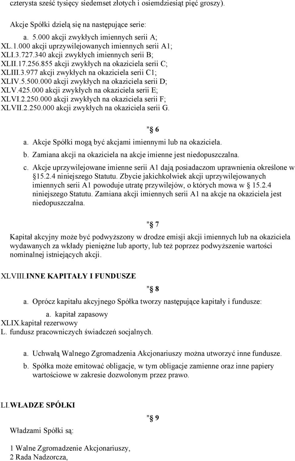 5.500.000 akcji zwykłych na okaziciela serii D; XLV.425.000 akcji zwykłych na okaziciela serii E; XLVI.2.250.000 akcji zwykłych na okaziciela serii F; XLVII.2.250.000 akcji zwykłych na okaziciela serii G.